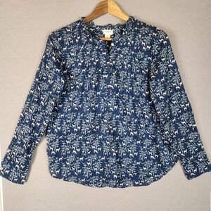 J.Crew Blouse Small Navy Woodland Deer Print Ruffle V-Neck Long Sleeve Preppy